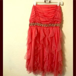 Strapless coral ruffle sparkle dress